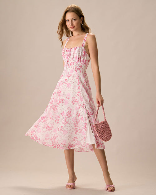Vestido midi Roze con escote cuadrado, estampado de flores y ruffles