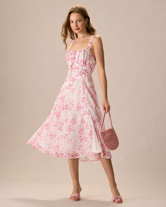 Vestido midi Roze con escote cuadrado, estampado de flores y ruffles