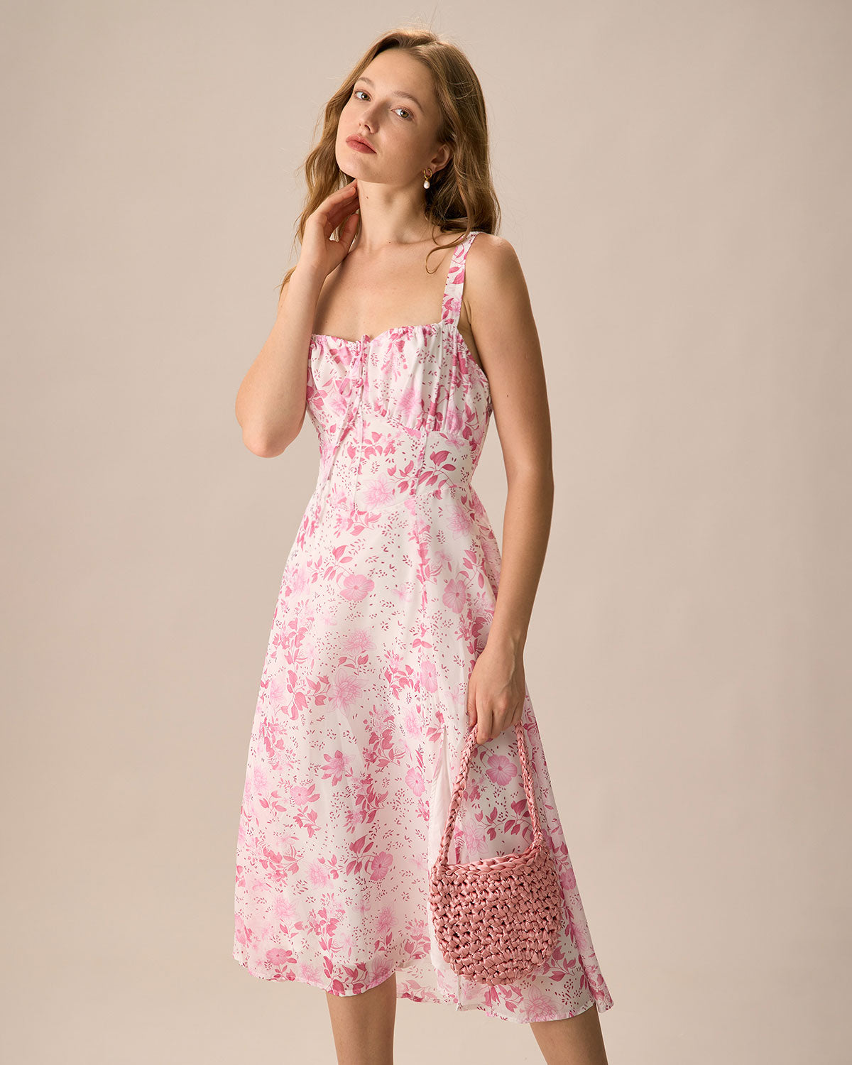 Vestido midi Roze con escote cuadrado, estampado de flores y ruffles