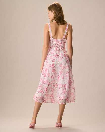 Vestido midi Roze con escote cuadrado, estampado de flores y ruffles