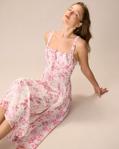 Vestido midi Roze con escote cuadrado, estampado de flores y ruffles