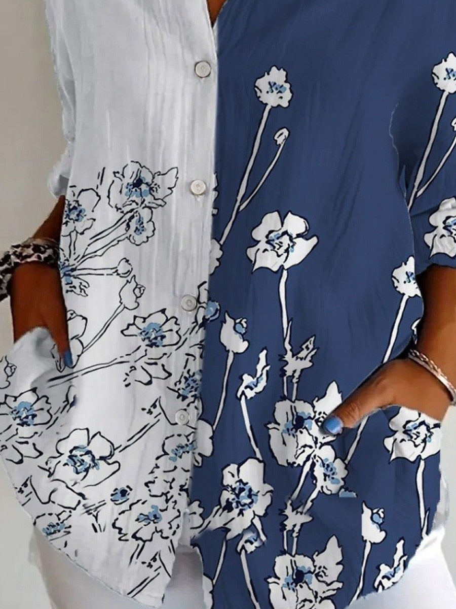 Camisa para mujer con estampado floral, activa y elegante para uso diario, manga larga, cuello de camisa, corte regular, botones, estampado azul, primavera y otoño