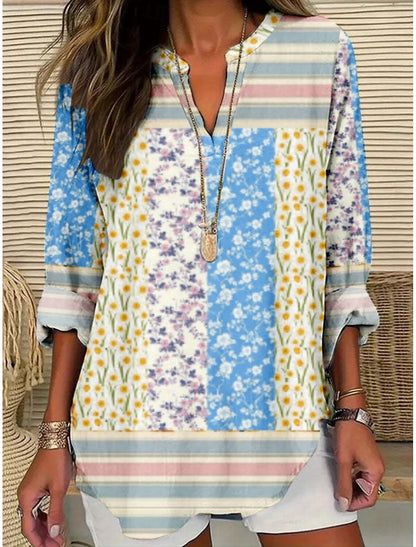 Blusa para mujer con estampado floral, moderna y elegante, manga larga, escote en V, corte regular, para uso diario y vacaciones, estampado en negro y blanco, verano