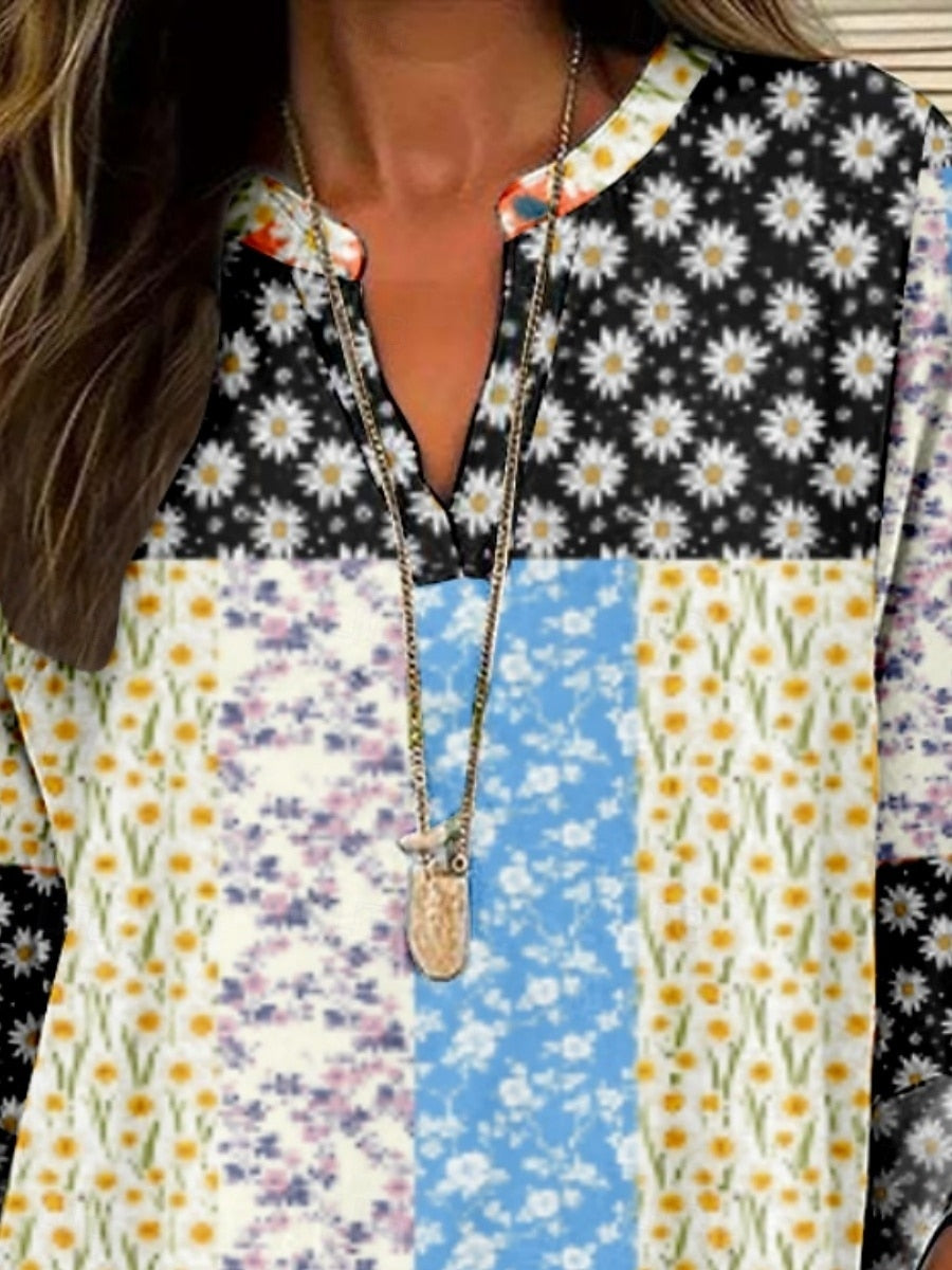 Blusa para mujer con estampado floral, moderna y elegante, manga larga, escote en V, corte regular, para uso diario y vacaciones, estampado en negro y blanco, verano