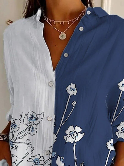 Camisa para mujer con estampado floral, activa y elegante para uso diario, manga larga, cuello de camisa, corte regular, botones, estampado azul, primavera y otoño