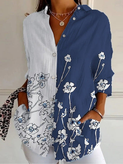 Camisa para mujer con estampado floral, activa y elegante para uso diario, manga larga, cuello de camisa, corte regular, botones, estampado azul, primavera y otoño