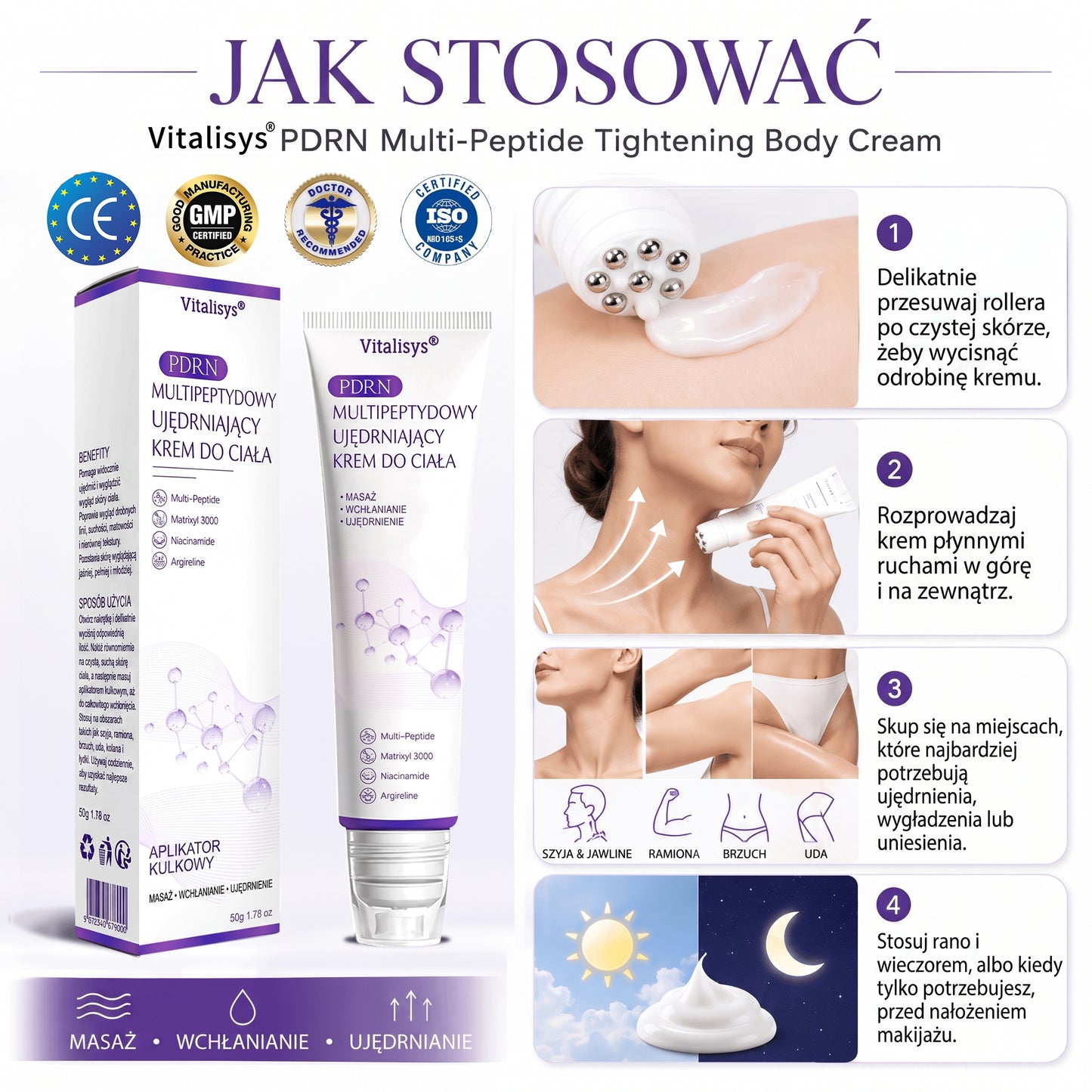 Vitalisys®🍇 PDRN Multi-Peptide Krem do masażu w rolerze do ciała — przeciwstarzeniowy, nawilżający, ujędrniający i liftingujący, wspiera regenerację skóry, wyrównuje koloryt, pomaga w pielęgnacji niedoskonałości i ciemnych plam.