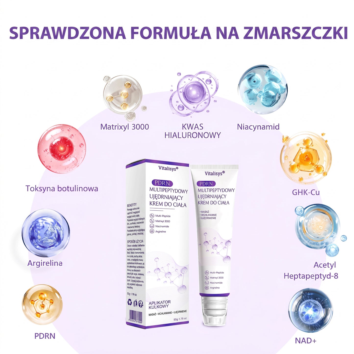 Vitalisys®🍇 PDRN Multi-Peptide Krem do masażu w rolerze do ciała — przeciwstarzeniowy, nawilżający, ujędrniający i liftingujący, wspiera regenerację skóry, wyrównuje koloryt, pomaga w pielęgnacji niedoskonałości i ciemnych plam.