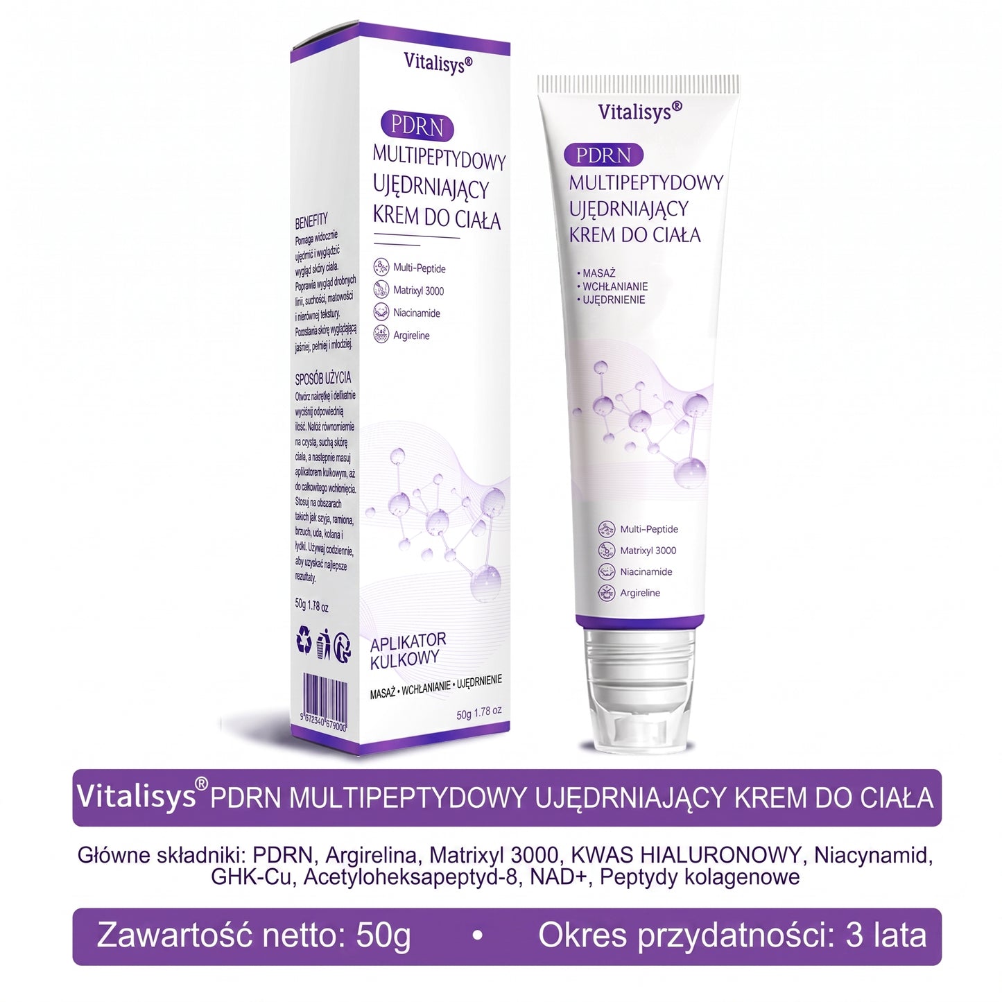 Vitalisys®🍇 PDRN Multi-Peptide Krem do masażu w rolerze do ciała — przeciwstarzeniowy, nawilżający, ujędrniający i liftingujący, wspiera regenerację skóry, wyrównuje koloryt, pomaga w pielęgnacji niedoskonałości i ciemnych plam.