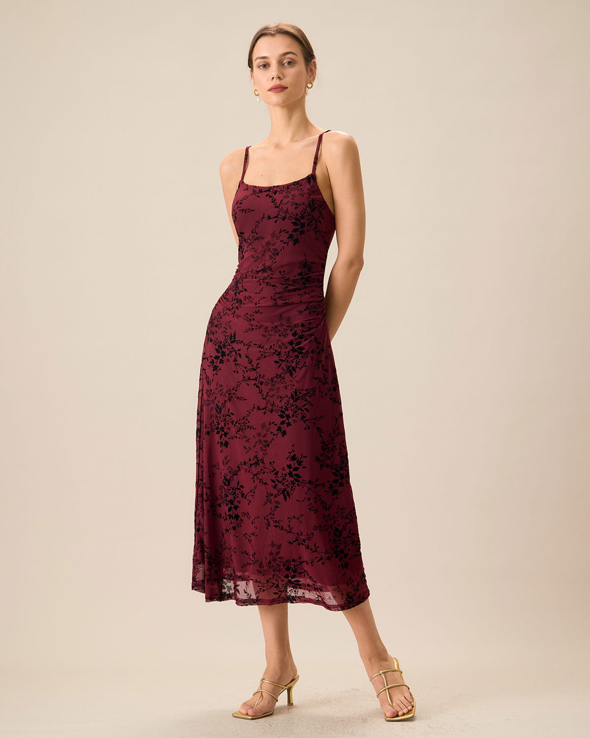 Rode Bloemenpatroon Bodycon Slip Midi Jurk