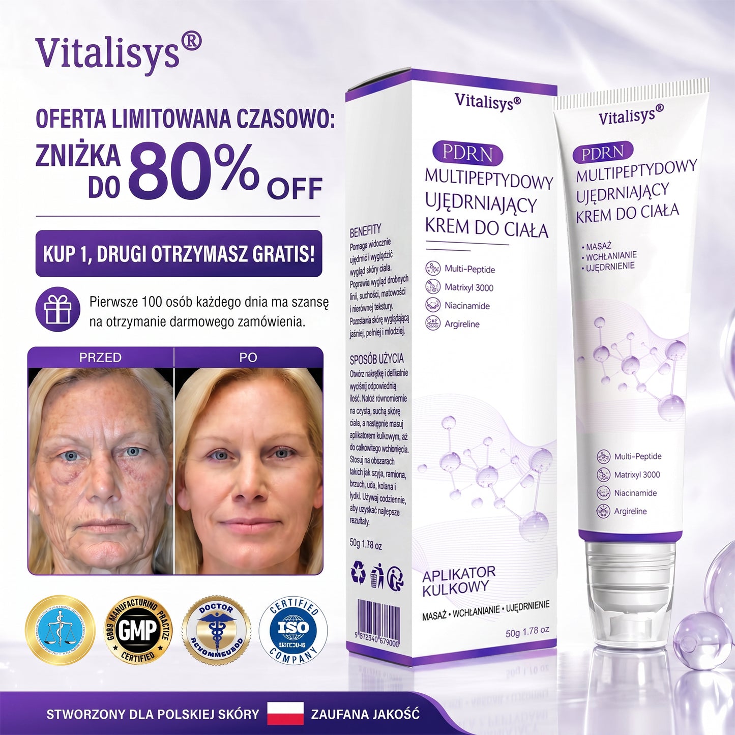 Vitalisys®🍇 PDRN Multi-Peptide Krem do masażu w rolerze do ciała — przeciwstarzeniowy, nawilżający, ujędrniający i liftingujący, wspiera regenerację skóry, wyrównuje koloryt, pomaga w pielęgnacji niedoskonałości i ciemnych plam.