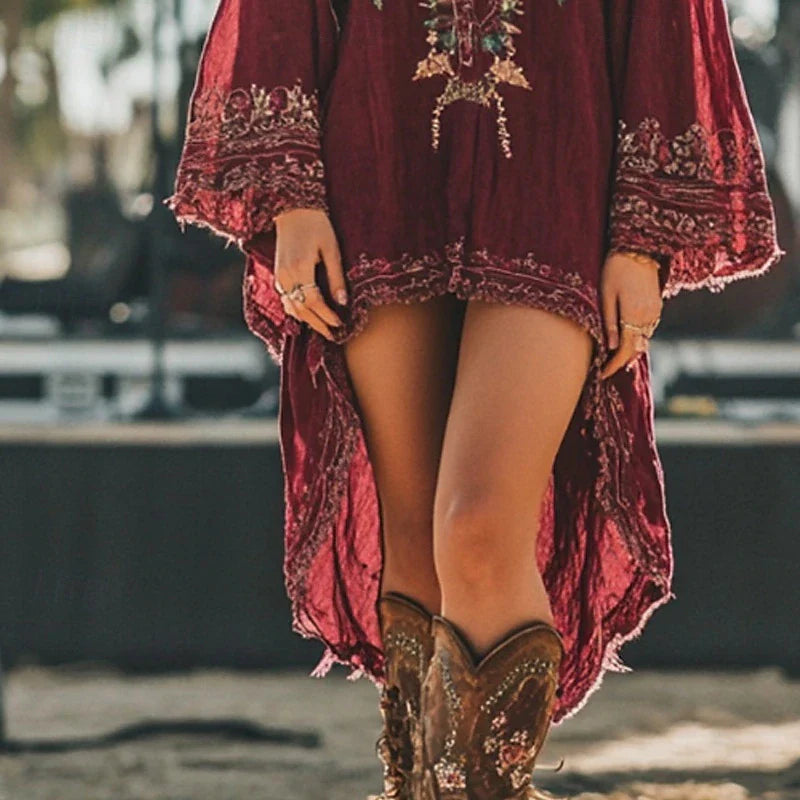 Vestido midi para mujer estilo boho, vintage y clásico, para vacaciones y uso diario, corte regular, estampado floral, manga larga, escote en V, color rojo, verano