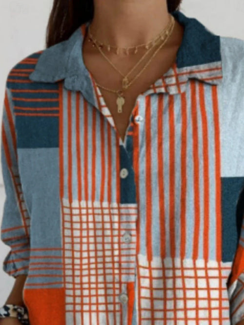 Blusa para mujer con bloque de colores geométricos, casual y elegante, manga larga, cuello de camisa, corte regular, botones, estampado azul, ideal para uso diario y vacaciones en verano.