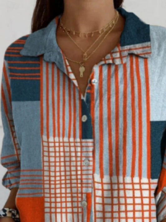 Blusa para mujer con bloque de colores geométricos, casual y elegante, manga larga, cuello de camisa, corte regular, botones, estampado azul, ideal para uso diario y vacaciones en verano.