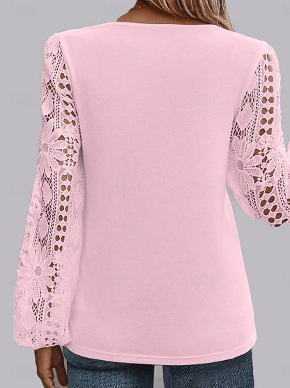 Blusa elegante de encaje para mujer, casual, manga larga, corte regular, diseño asimétrico, disponible en negro, blanco y rosa, ideal para verano y vacaciones.