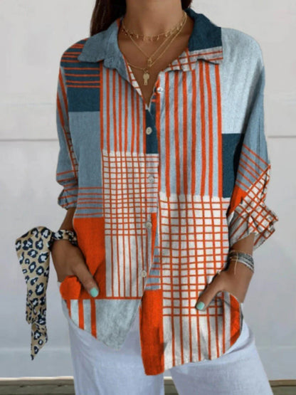 Blusa para mujer con bloque de colores geométricos, casual y elegante, manga larga, cuello de camisa, corte regular, botones, estampado azul, ideal para uso diario y vacaciones en verano.