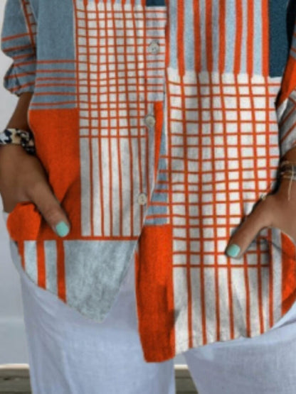 Blusa para mujer con bloque de colores geométricos, casual y elegante, manga larga, cuello de camisa, corte regular, botones, estampado azul, ideal para uso diario y vacaciones en verano.