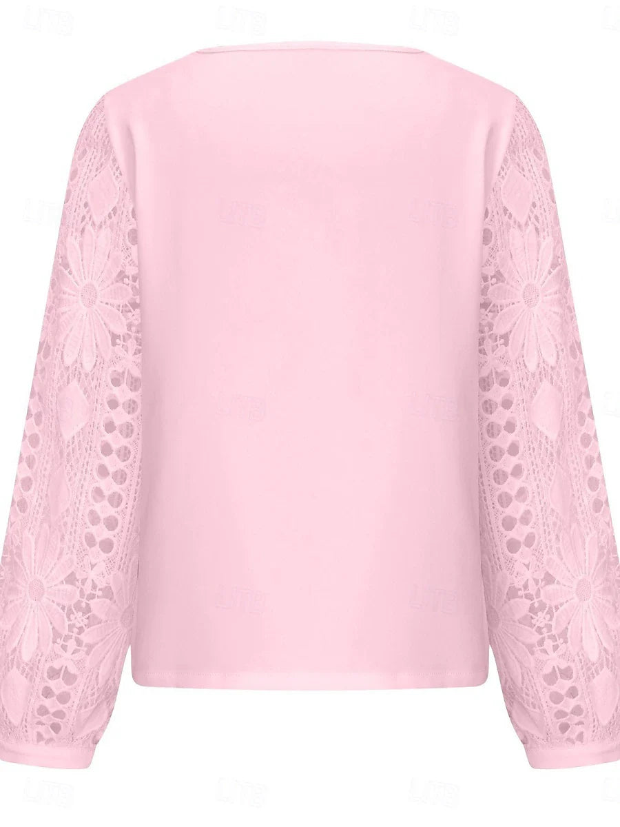 Blusa elegante de encaje para mujer, casual, manga larga, corte regular, diseño asimétrico, disponible en negro, blanco y rosa, ideal para verano y vacaciones.