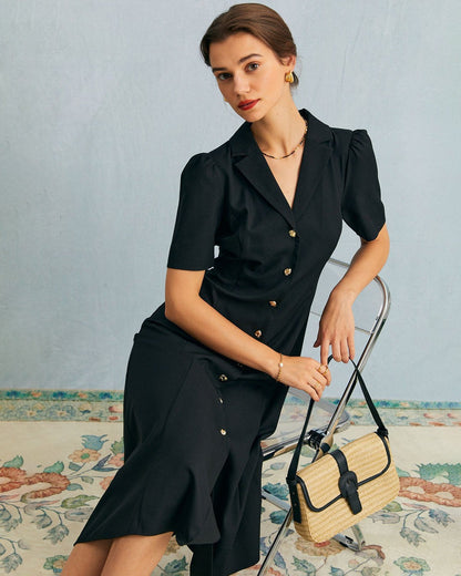 Vestido midi de cuello en V negro con botones y mangas puff