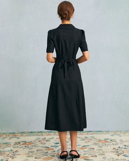 Vestido midi de cuello en V negro con botones y mangas puff