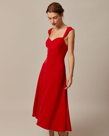 Rode Sweetheart Cuello de en V Capucha Manga Corta Vestido Midi