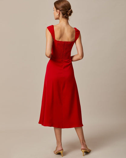 Rode Sweetheart Cuello de en V Capucha Manga Corta Vestido Midi