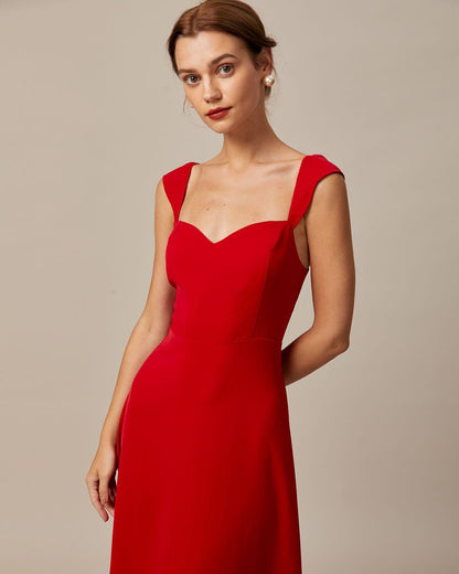Rode Sweetheart Cuello de en V Capucha Manga Corta Vestido Midi