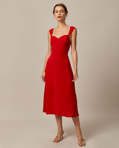 Rode Sweetheart Cuello de en V Capucha Manga Corta Vestido Midi