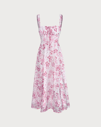 Vestido midi Roze con escote cuadrado, estampado de flores y ruffles