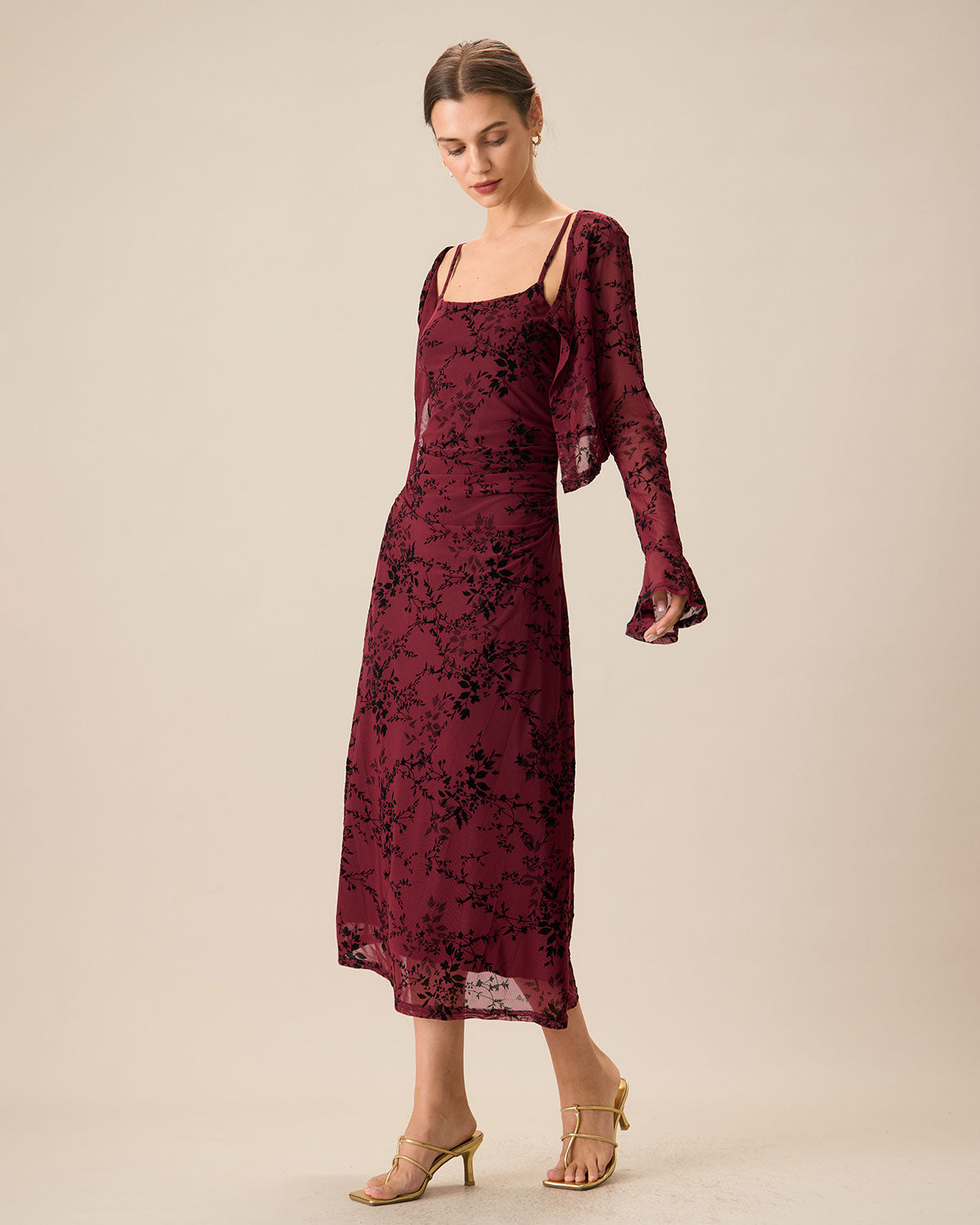 Rode Bloemenpatroon Bodycon Slip Midi Jurk