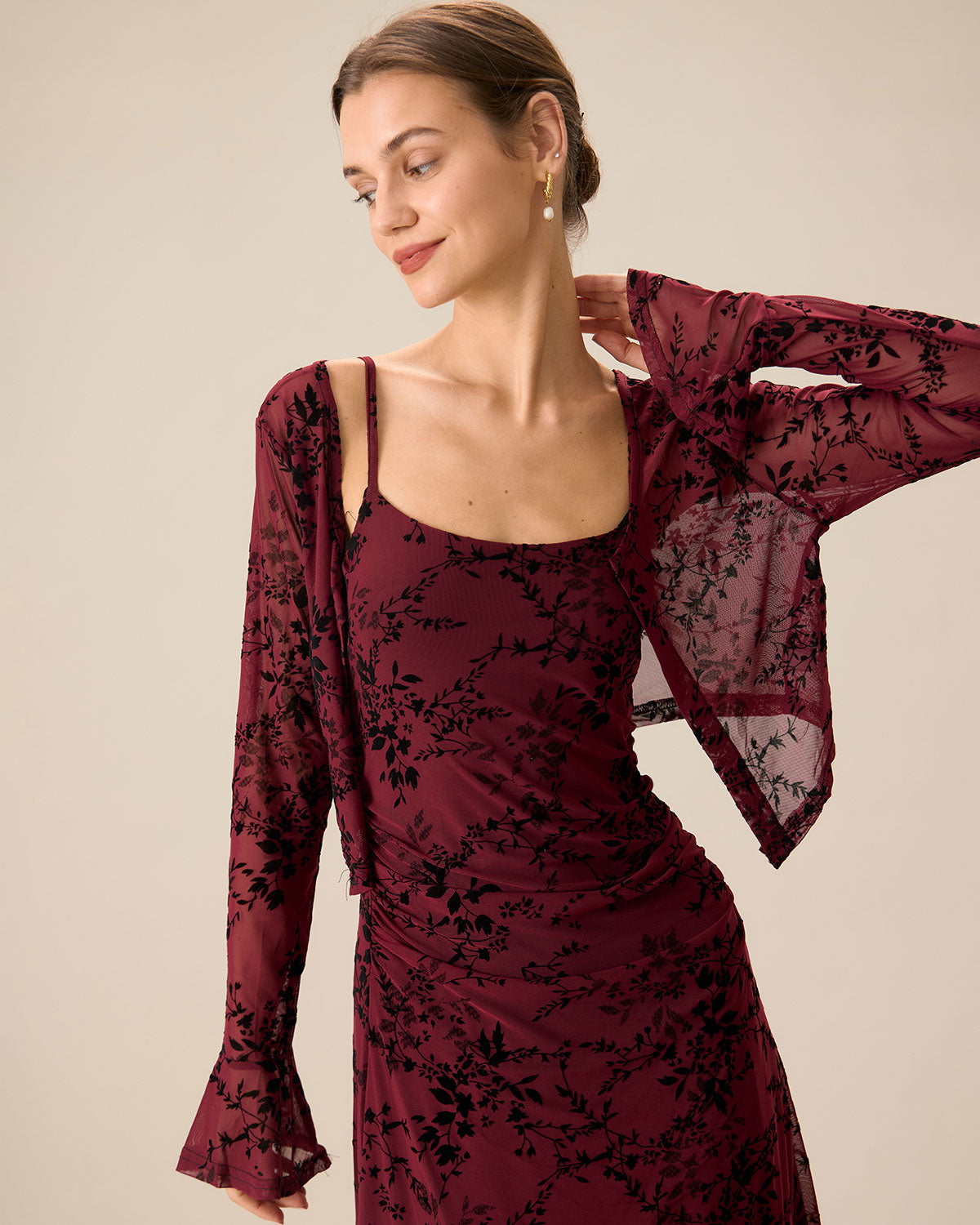 Rode Bloemenpatroon Bodycon Slip Midi Jurk