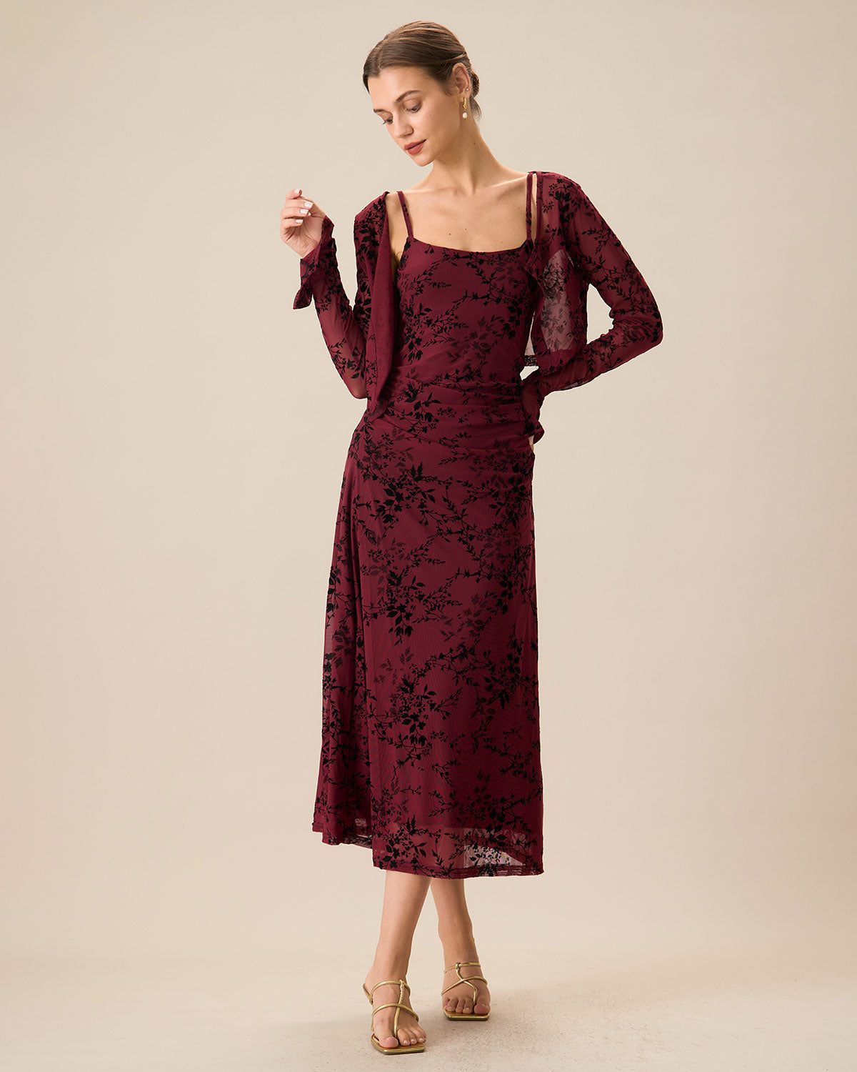 Rode Bloemenpatroon Bodycon Slip Midi Jurk