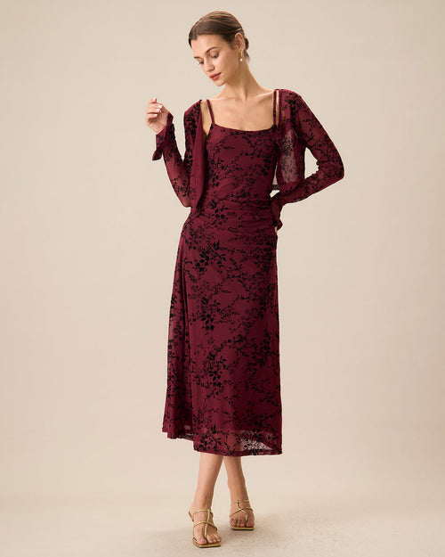 Rode Bloemenpatroon Bodycon Slip Midi Jurk